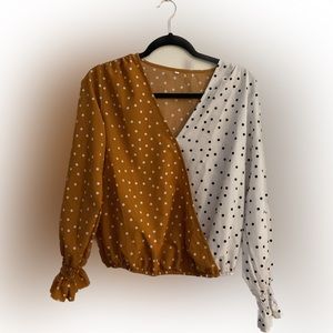 Rusty orange, white and black polka dot blouse
